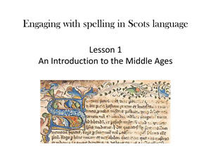 Cover of 'Engaging with spelling in Scots language' showing illustrated manuscript