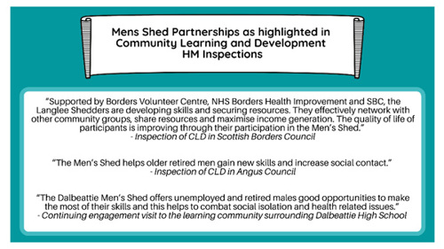 Men's Shed Partnerships as highlighted in Community Learning and Development HM Inspections "Supported by Borders Volunteer Centre, NHS Borders Health Improvement and SBC, the Langlee Shedders are developing skills and securing resources. They effectively network with other community groups, share resources and maximise income generation. The quality of life or participants is improving through their participation in the Men's Shed." -Inspection of CLO In Scottish Borders Council "The Men's Shed helps older retired men gain new skills and increase social contact" - Inspection of CLD in Angus Council "The Dalbeattie Men's Shed offers unemployed and retired males good opportunities to make the most of their skills and this helps to combat social isolation and health related Issues" - Continuing engagement visit to the learning community surrounding Dalbeattie High School