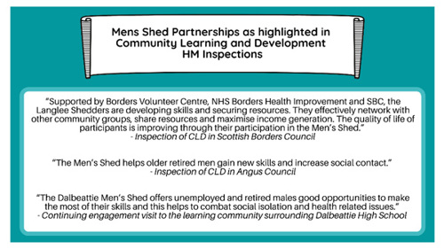 Men's Shed Partnerships as highlighted in Community Learning and Development HM Inspections "Supported by Borders Volunteer Centre, NHS Borders Health Improvement and SBC, the Langlee Shedders are developing skills and securing resources. They effectively network with other community groups, share resources and maximise income generation. The quality of life or participants is improving through their participation in the Men's Shed." -Inspection of CLO In Scottish Borders Council "The Men's Shed helps older retired men gain new skills and increase social contact" - Inspection of CLD in Angus Council "The Dalbeattie Men's Shed offers unemployed and retired males good opportunities to make the most of their skills and this helps to combat social isolation and health related Issues" Continuing engagement visit to the learning community surrounding Dalbeattie High School