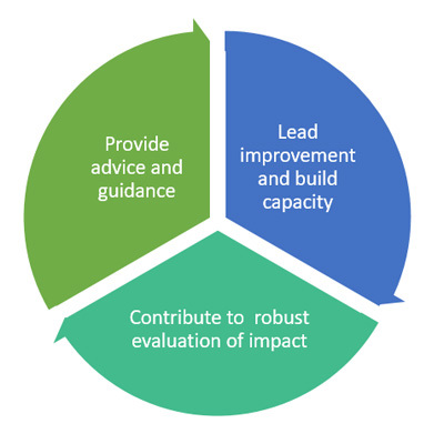 SAC aims circle - provide advice and guidance - lead improvement and build capacity - contribute to robust evaluation of impact
