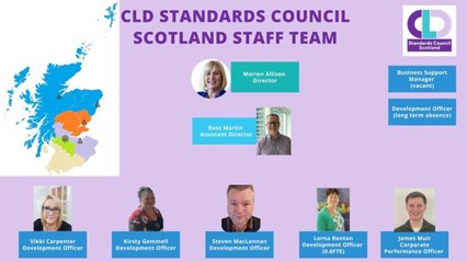 Image of the CLD Standards Council Scotland Staff Team members showing their names and roles