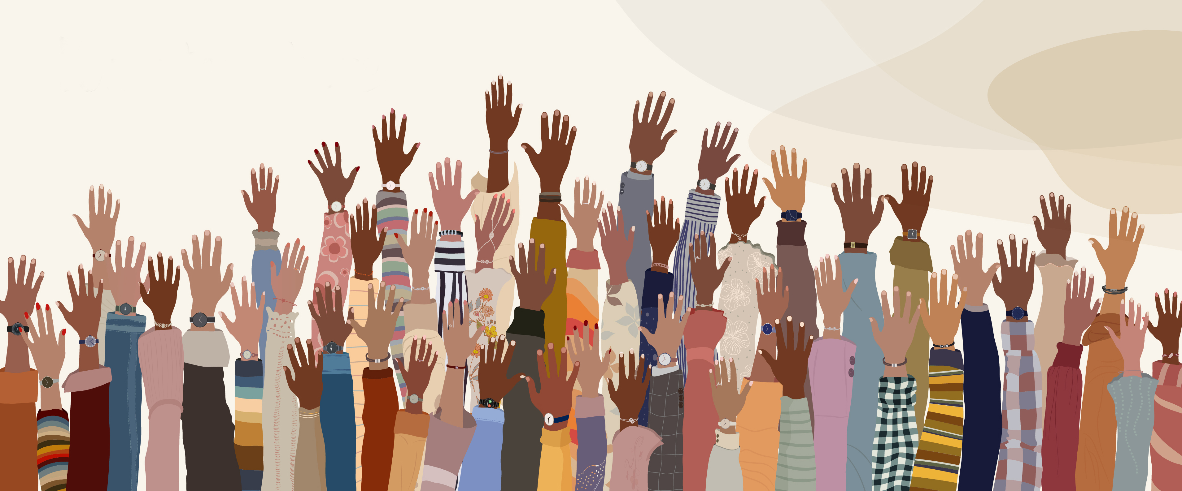 Lots of different people's raised hands