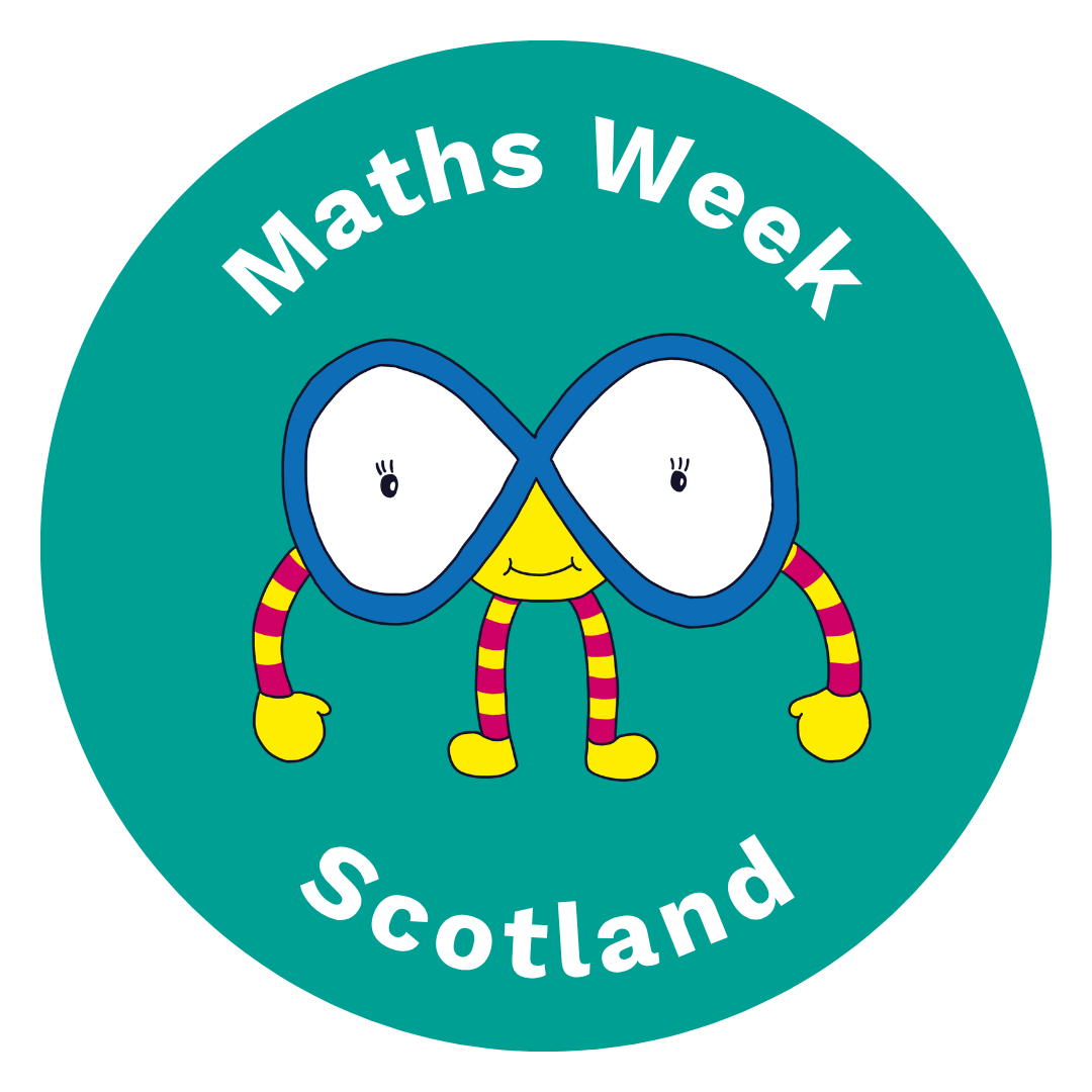 A cartoon infinity symbol with eyes, a smiling face, and striped arms and legs. Text "Maths Week Scotland" curves around the top and bottom of the circle.